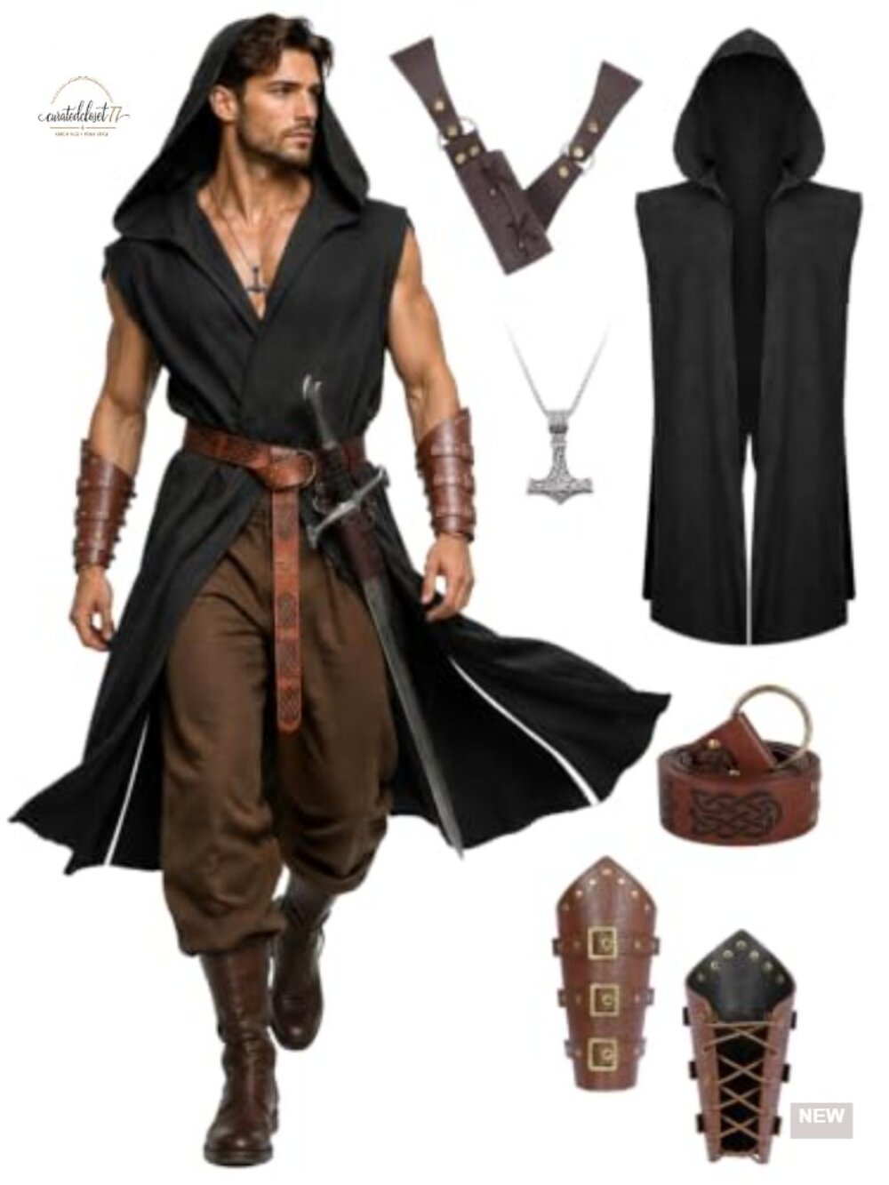 Men's Renaissance Costume Hooded Sleeveless Surcoat Set Cotton Faux Leather